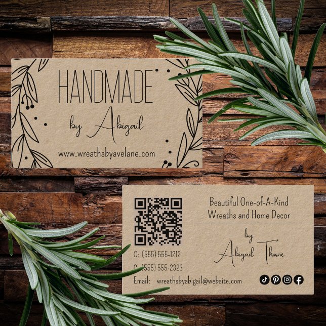 Floral Wreath Handmade | Handgefertigte Visitenkar Visitenkarte (Floral Line Art Wreath "Handmade" Handcrafted Business Card)