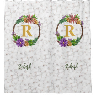 Floral Wreath Initial Letter Monogram Name Marble Duschvorhang