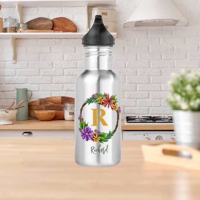 Floral Wreath Initial Letter Monogram Name Marble Edelstahlflasche (Von Creator hochgeladen)