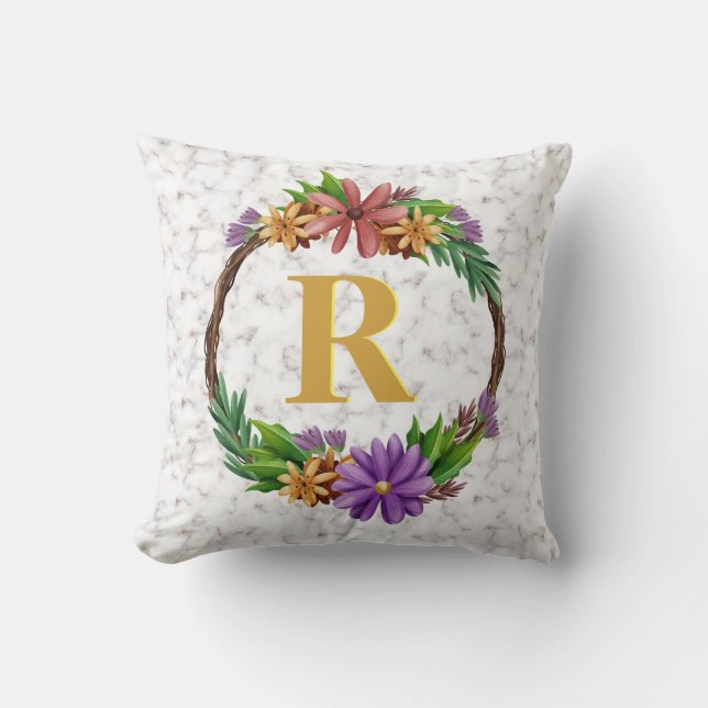 Floral Wreath Initial Letter Monogram Name Marble Kissen (Vorderseite)