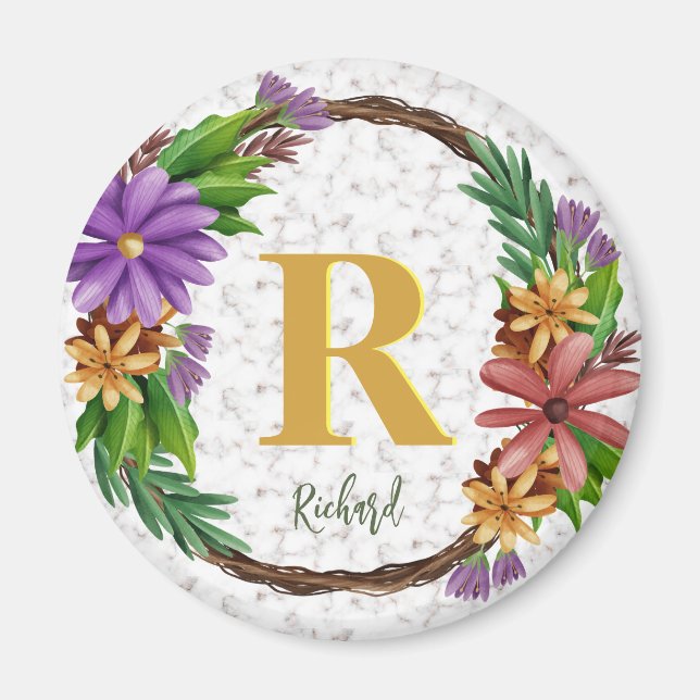 Floral Wreath Initial Letter Monogram Name Marble Magnet (Vorne)