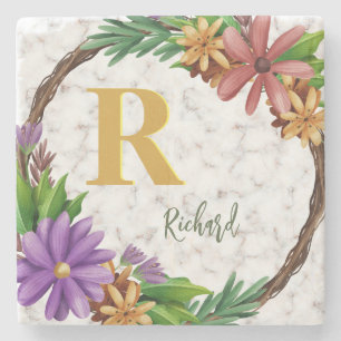 Floral Wreath Initial Letter Monogram Name Marble Steinuntersetzer