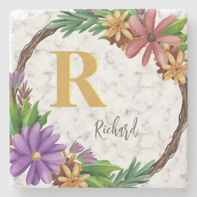 Floral Wreath Initial Letter Monogram Name Marble Steinuntersetzer (Vorderseite)