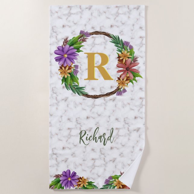 Floral Wreath Initial Letter Monogram Name Marble Strandtuch (Vorderseite)