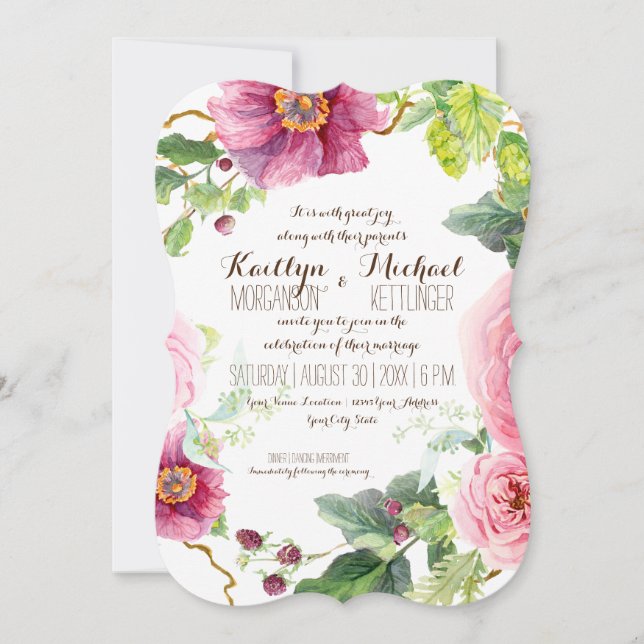 Floral Wreath Leaf Bracket Raspberry Rose Peonies Einladung (Vorderseite)