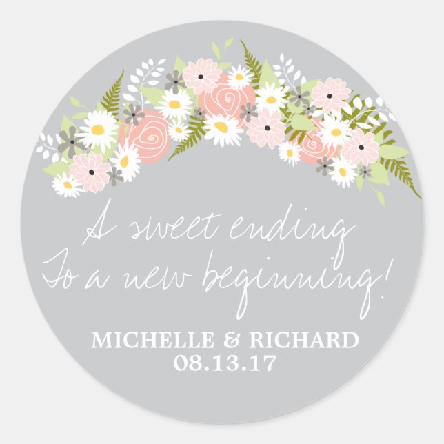Floral Wreath Light Gray Wedding Runder Aufkleber (Vorderseite)