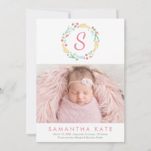 Floral Wreath Monogram Modern Foto Birth Ankündigung