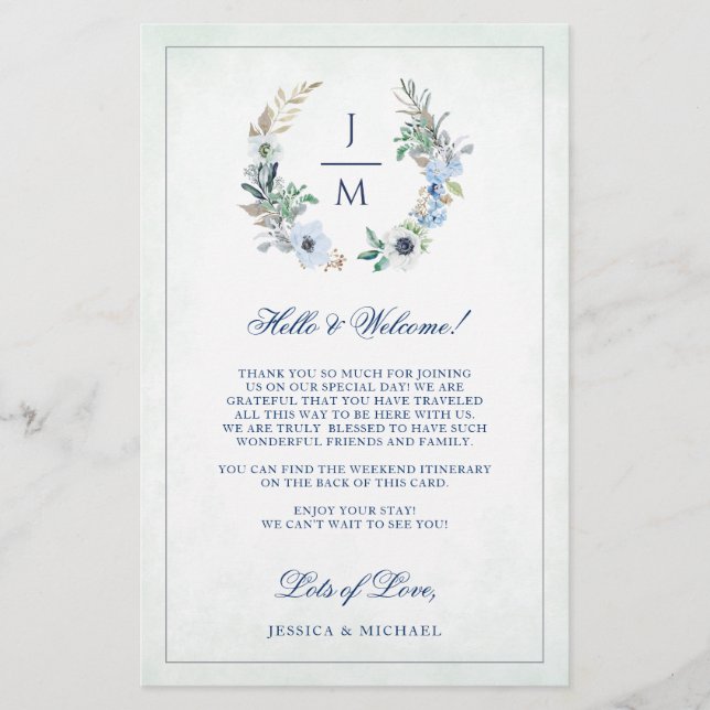 Floral Wreath Monogram Wedding Welcome Itinerary (Vorderseite)