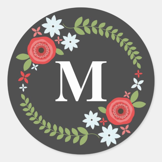 Floral-Wreath-Monogramm-Aufkleber - grau Runder Aufkleber (Vorderseite)