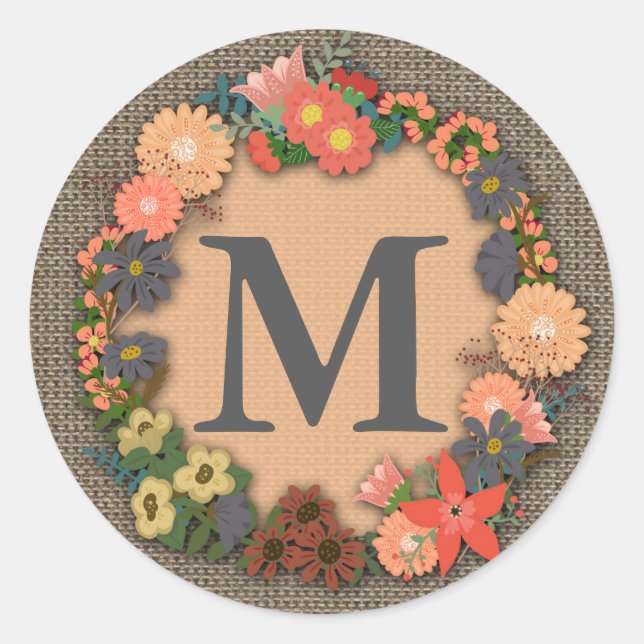 Floral Wreath Monogramm-Aufkleber Runder Aufkleber (Vorderseite)