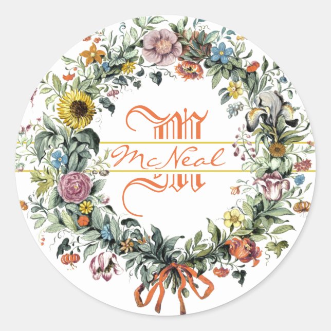 Floral Wreath Monogramm Runder Aufkleber (Vorderseite)