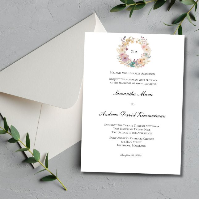 Floral Wreath Monogramm Traditionelle feierliche H Einladung (Pastel Floral Wreath Monogram Wedding Invitation. Traditional Formal elegant minimalist. Printed )
