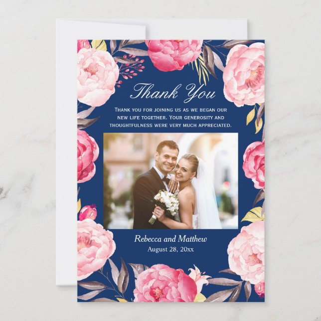 Floral Wreath Navy Blue Photo Mariage Merci (Devant)