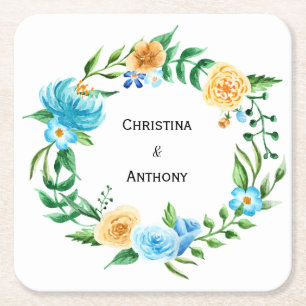 Floral Wreath Personalisierte Hochzeit Rechteckiger Pappuntersetzer