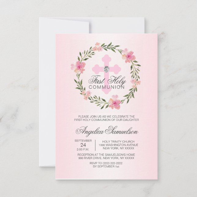 Floral Wreath Pink Erster Heiliger Kommunion MIRL Einladung (Vorderseite)