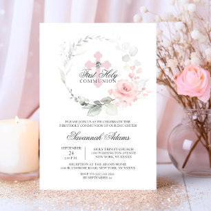 Floral Wreath Pink Erster Heiliger Kommunion MIRL Einladung