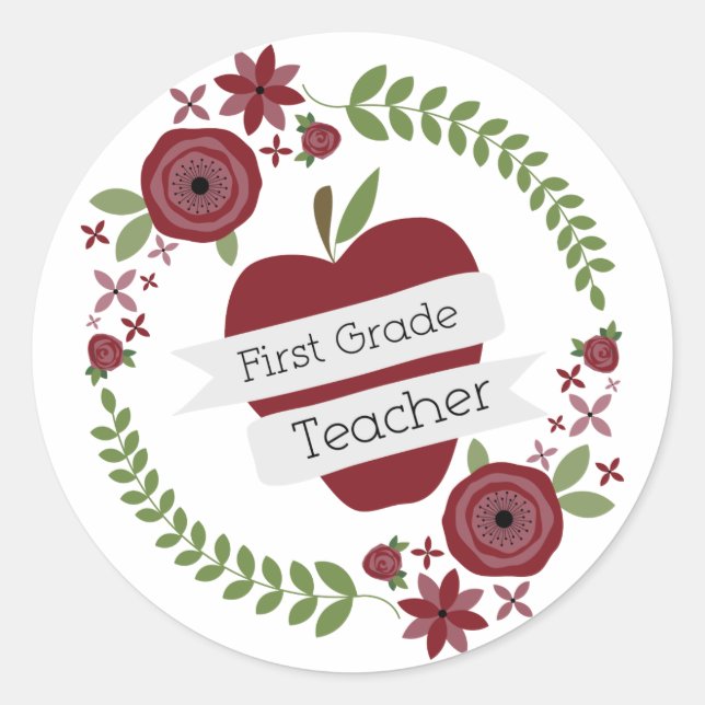 Floral Wreath Red Apple First Grade Teacher Runder Aufkleber (Vorderseite)