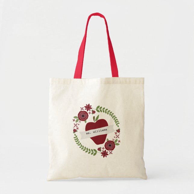 Floral Wreath Red Apple Personalisiert Teacher Tragetasche (Vorne)