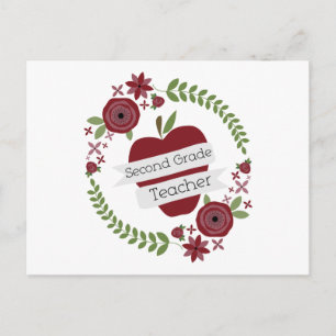 Floral Wreath Red Apple Second Grade Lehrer Postkarte