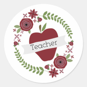 Floral Wreath & Red Apple Teacher Runder Aufkleber