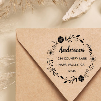 Floral Wreath | Rücksendeadresse von Familiennamen Gummistempel
