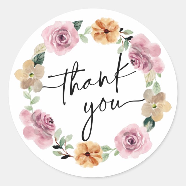Floral Wreath Script Vielen Dank Runder Aufkleber (Vorderseite)