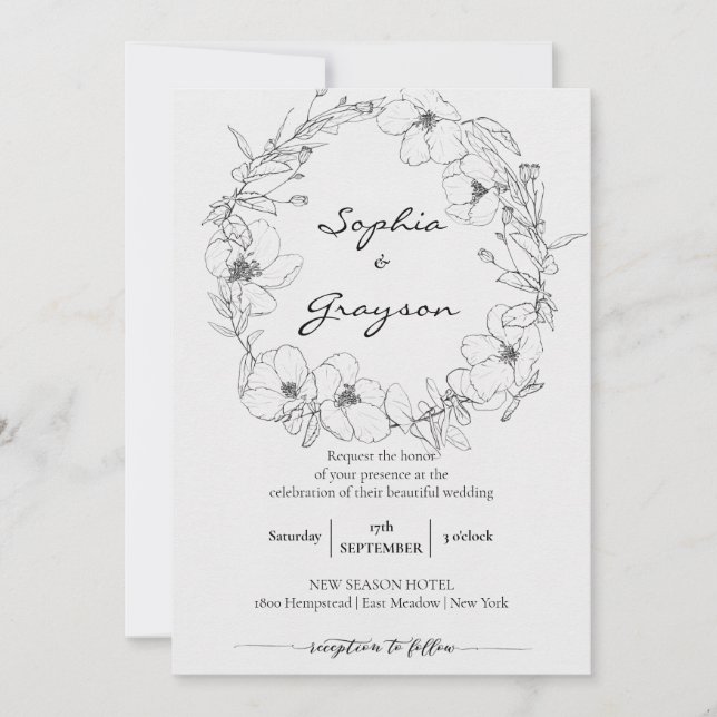 Floral Wreath | Sketch Peony Wedding Celebration Einladung (Vorderseite)