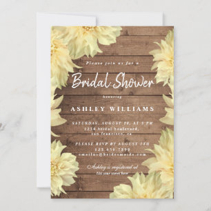 Floral Yellow Dahlia Rustic Wood Brautparty Einladung