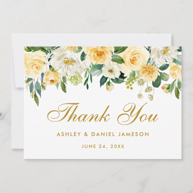 Floral Yellow Gold Hochzeit Vielen Dank Dankeskarte (Vorderseite)