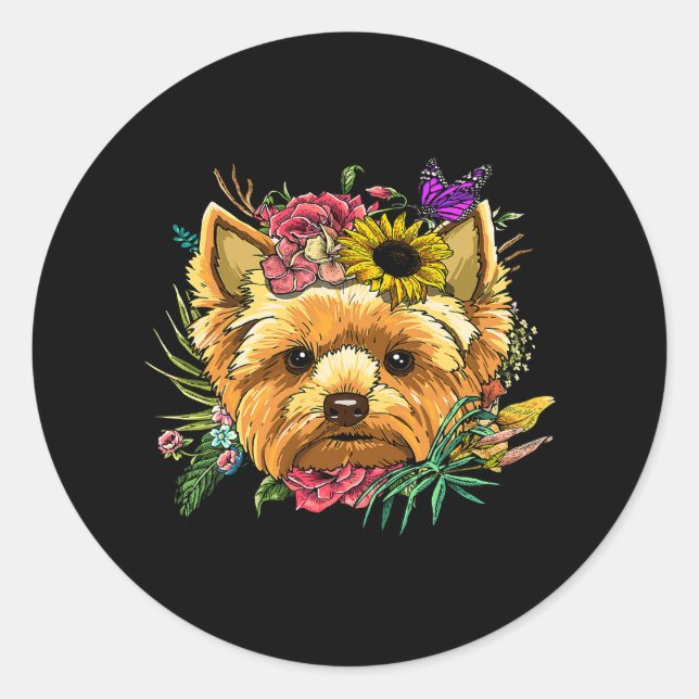 Floral Yorkshire Terrier Botanische Pflanze Blume  Runder Aufkleber (Vorderseite)