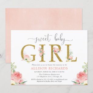 Florale Babydusche, elegantes rosa Mädchen Einladung