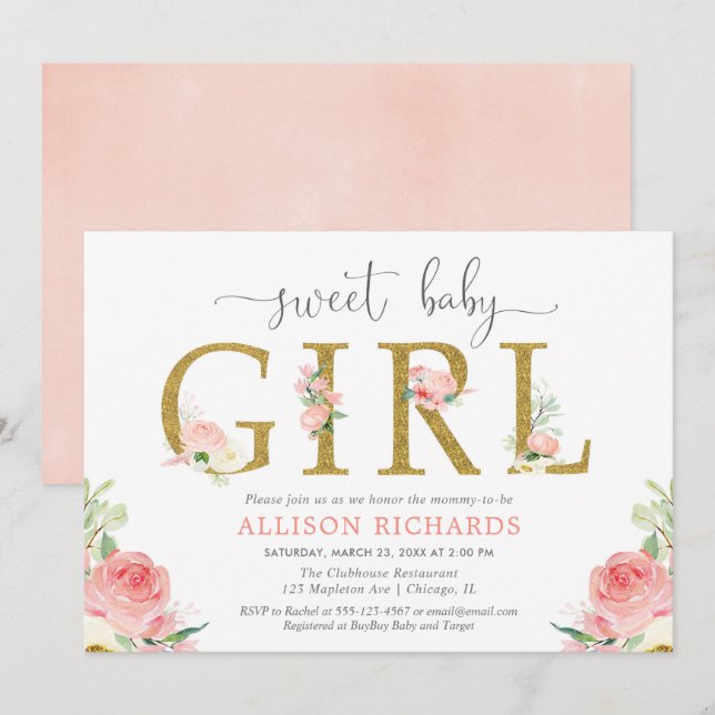 Florale Babydusche, elegantes, rot-rosa goldenes M Einladung (Vorne/Hinten)