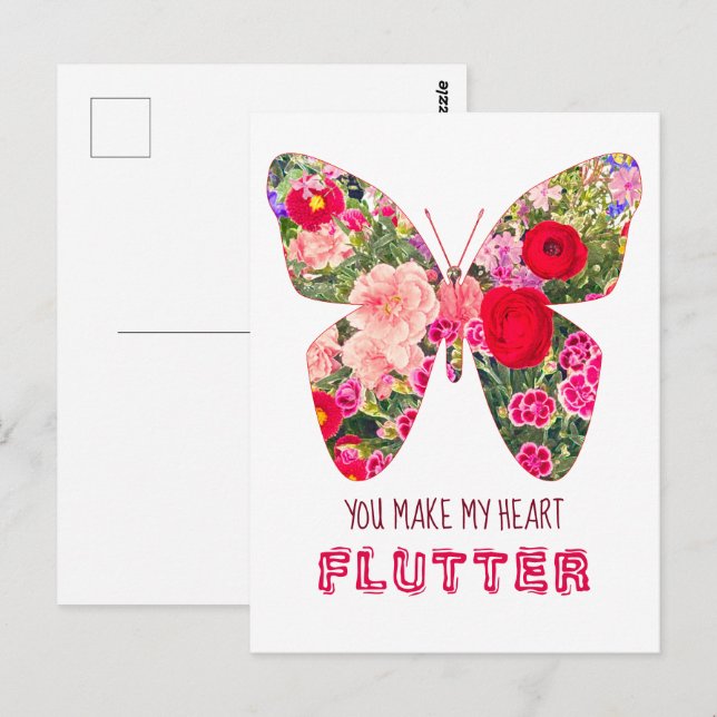 Florale Blume Schmetterling Valentinstag Postkarte (Vorne/Hinten)