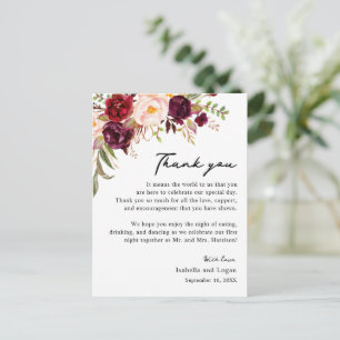 Florale Blush-Bordeaux Dankeskarte für den Empfang Postkarte