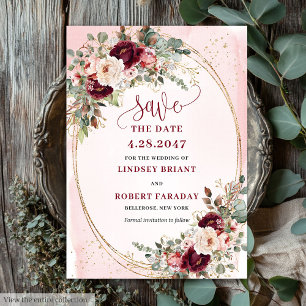 Florale Boho-Burgunder-Rosa-Gold-Rosen-Hochzeitsei Einladung