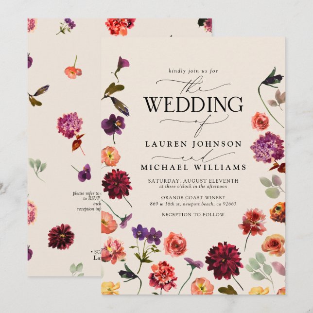 Florale Boho QR-Code-Hochzeit Einladung (Vorne/Hinten)