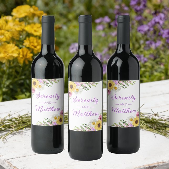 Florale Boho-Sonnenblumen-Hochzeitsdusche Weinetikett (Von Creator hochgeladen)