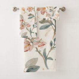Florale Botanische Aquarellblätter Beige Gemalt Badhandtuch Set