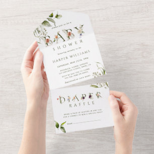 Florale botanische Babyparty   Windel-Raffle  All In One Einladung