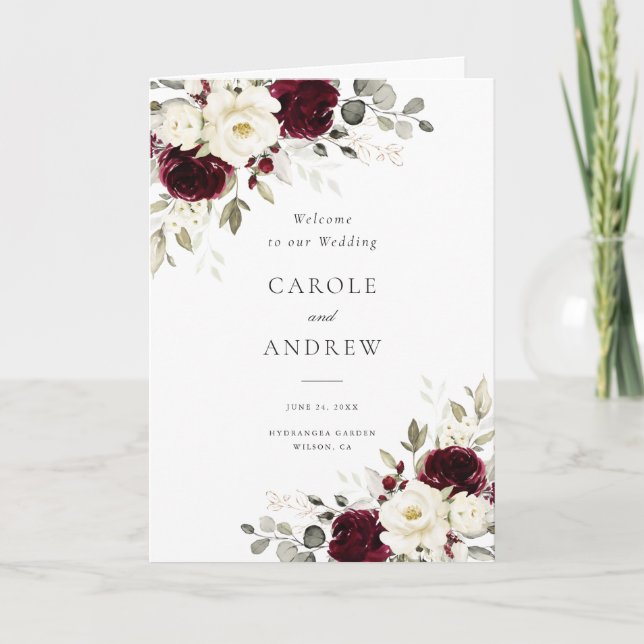 Florale Burgunder Merlot Grüne Hochzeit gefaltet Programm (Vorderseite)