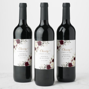 Florale Burgunder-Merlot-Grünpflanzen-Hochzeit  Weinetikett