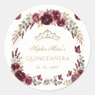 Florale Butterfly-Burgunder-Gold-Tiara Quinceañera Runder Aufkleber