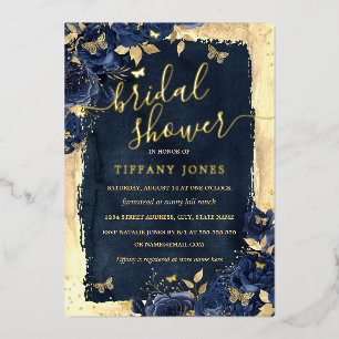 Florale Butterfly Navy Gold Brautparty Folieneinladung