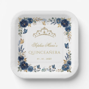 Florale Butterfly Navy Gold Tiara Quinceañera Pappteller