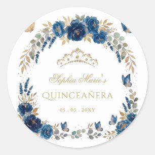 Florale Butterfly Navy Gold Tiara Quinceañera Runder Aufkleber
