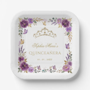 Florale Butterfly Purple Gold Tiara Quinceañera Pappteller