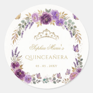Florale Butterfly Purpur Gold Tiara Quinceañera Runder Aufkleber