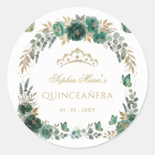 Florale Butterfly-Smaragd-Gold-Tiara Quinceañera Runder Aufkleber