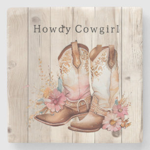 Florale Cowgirl-Stiefel Elfenbein-Faux-Holz Person Steinuntersetzer