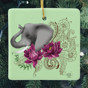 Florale Elefant Pink Lotus Henna Mandala Grün Keramikornament